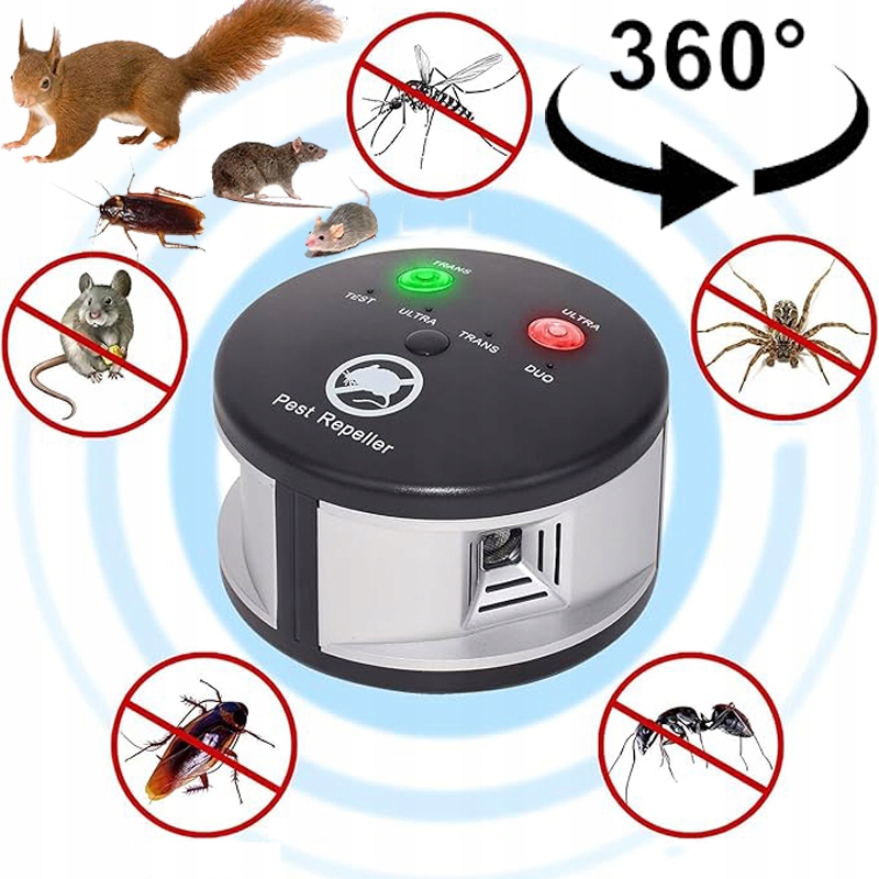 Ultradźwiękowy Odstraszacz Gryzoni 360 Myszy Szczury Kun Do 150m 90-110dB