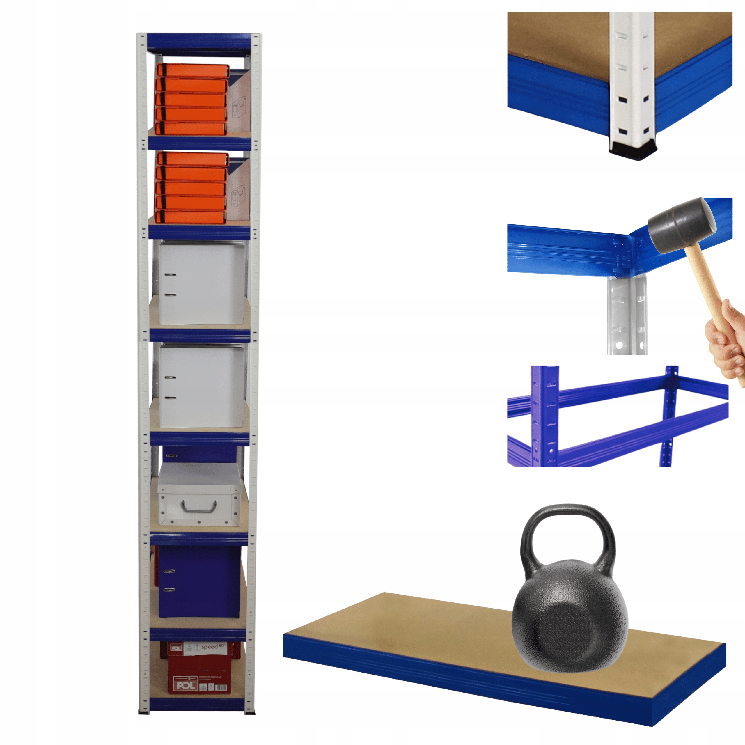 Kovový skladový regál Helios 270x35x35 cm 8Px175 kg Pevný, Vysoký