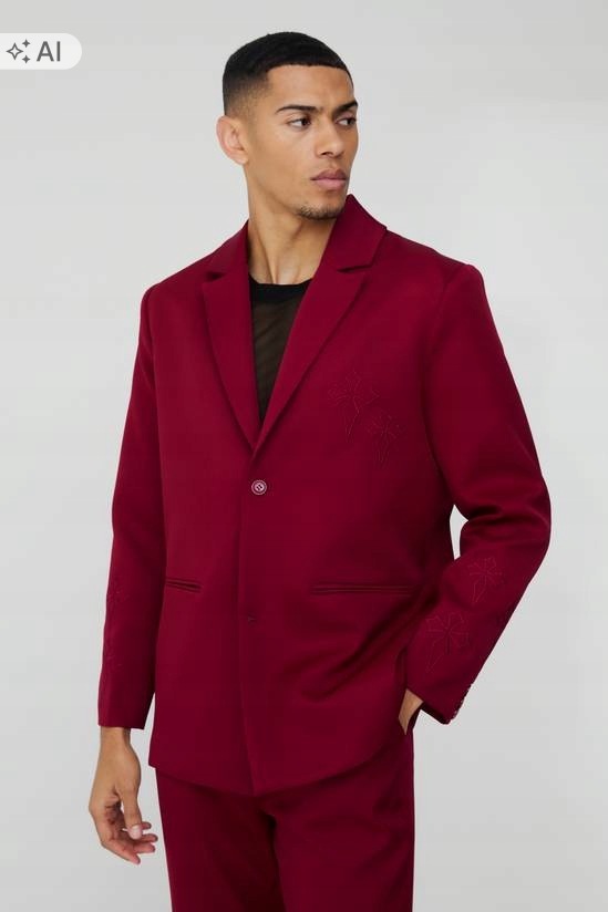 Boohooman Bordó Sako Pánská Elegantní S Výšivkou 50 Z3A