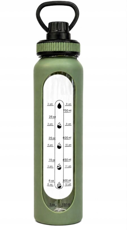 Smukee Bidon Szklany 1000 ml Motywacyjny Zielony Silikonowa Osłona Uchwyt