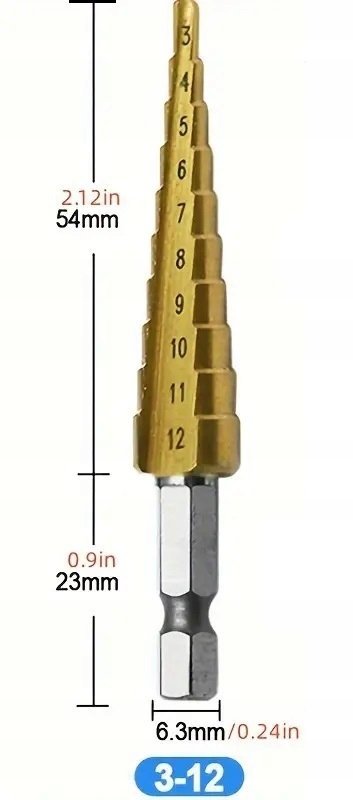 WIERTŁO DO METALU 3 - 12 mm 1/4 HEX BLACH UNIWERSALNE STOŻKOWE STOPNIOWE Marka TurboTools