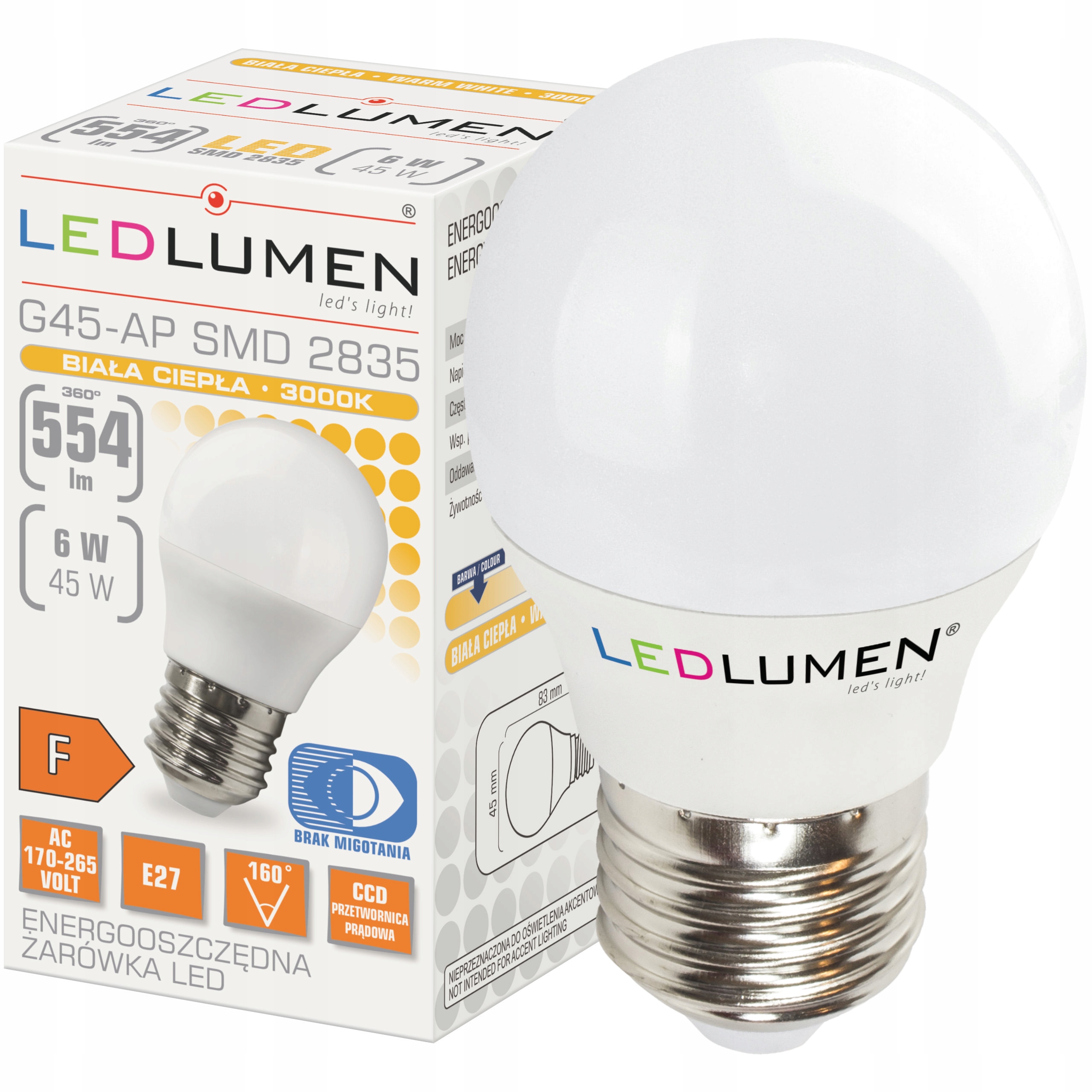 

Żarówka Led E27 Kulka 6W=45W 554lm CCD Ledlumen