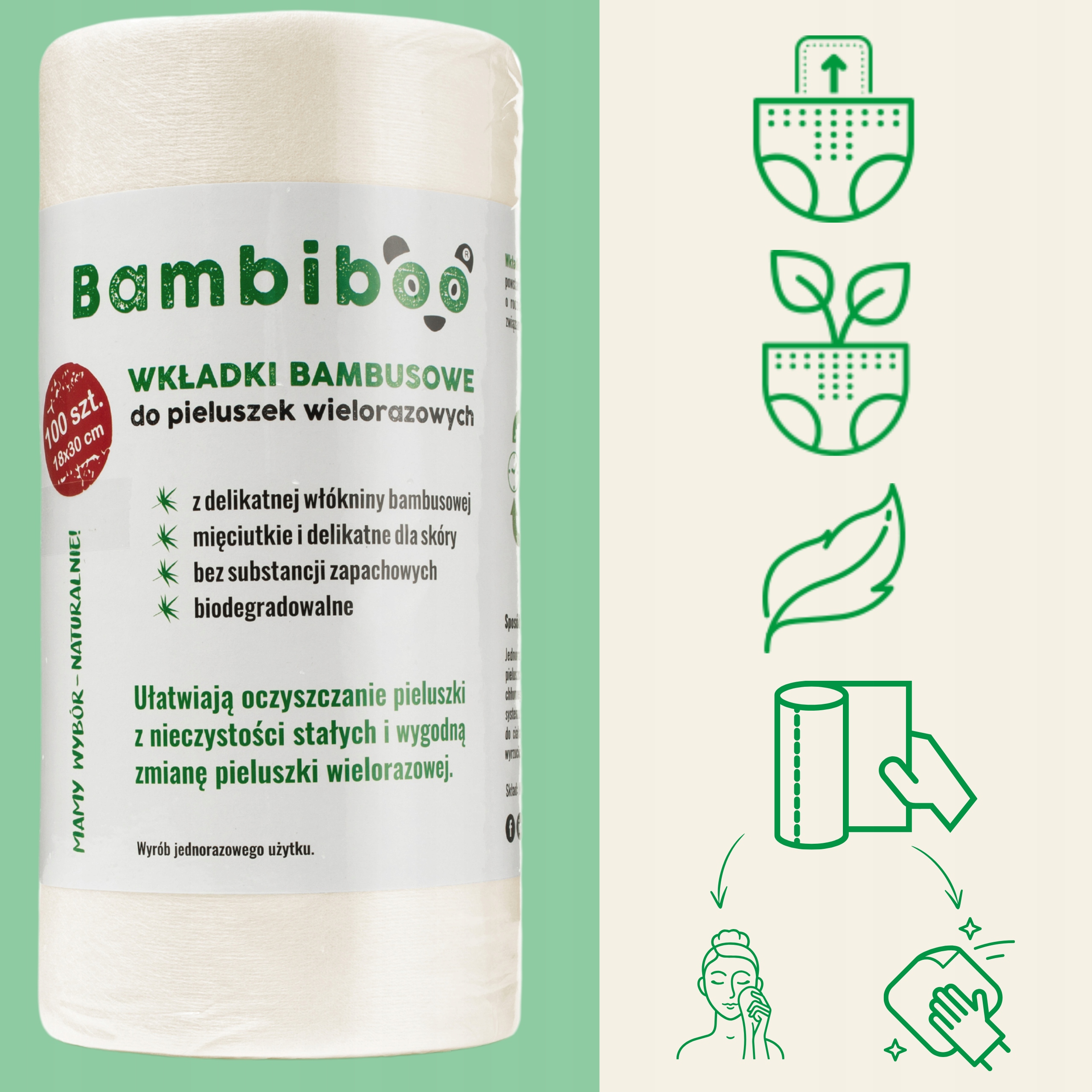 JEDNORAZOWE WKŁADKI BIBUŁKI BAMBUSOWE DO PIELUSZEK WIELORAZOWYCH 100SZT. Rodzaj bambusowa