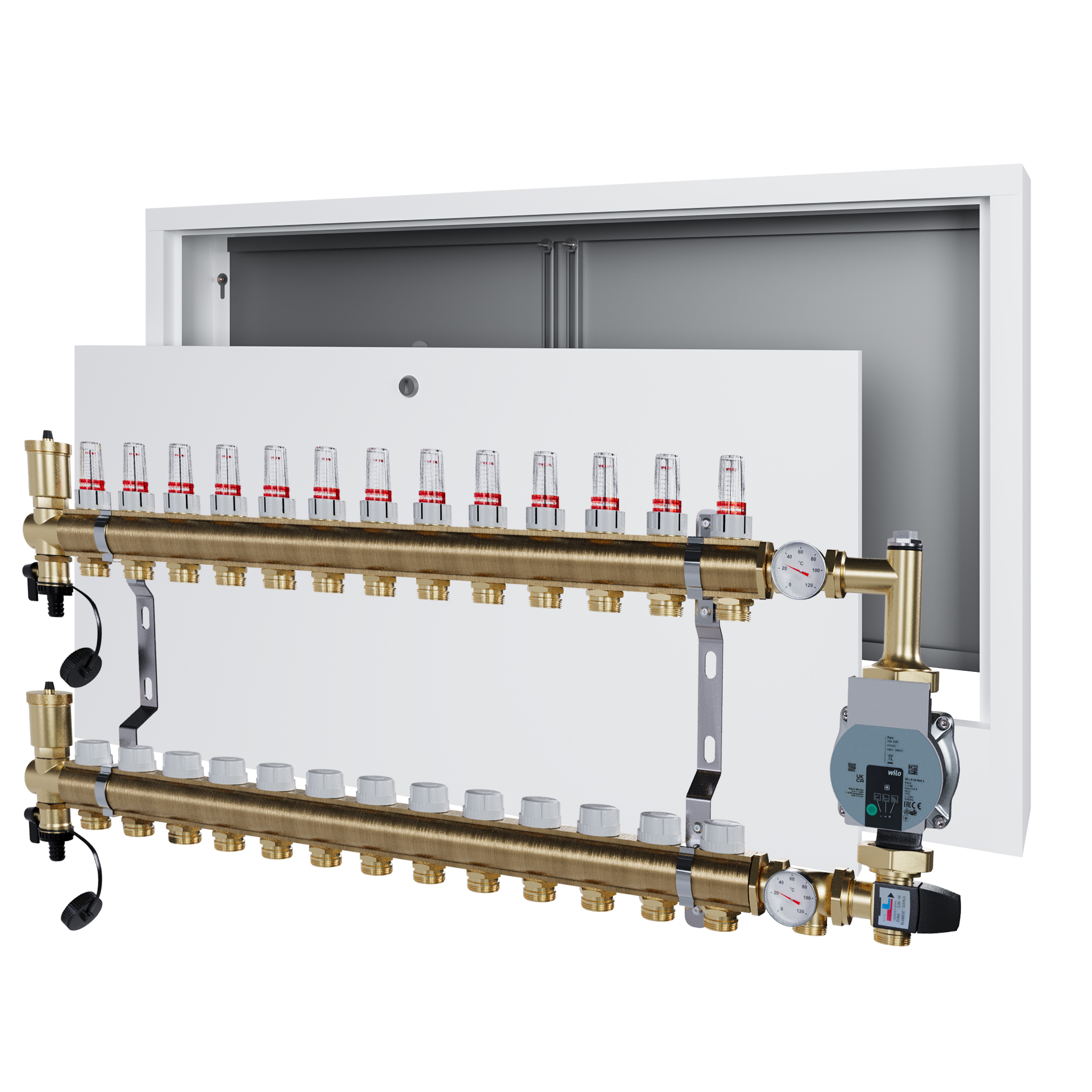 Rozdělovač pro podlahu 13 s čerpací skupinou Wilo a nástěnným boxem