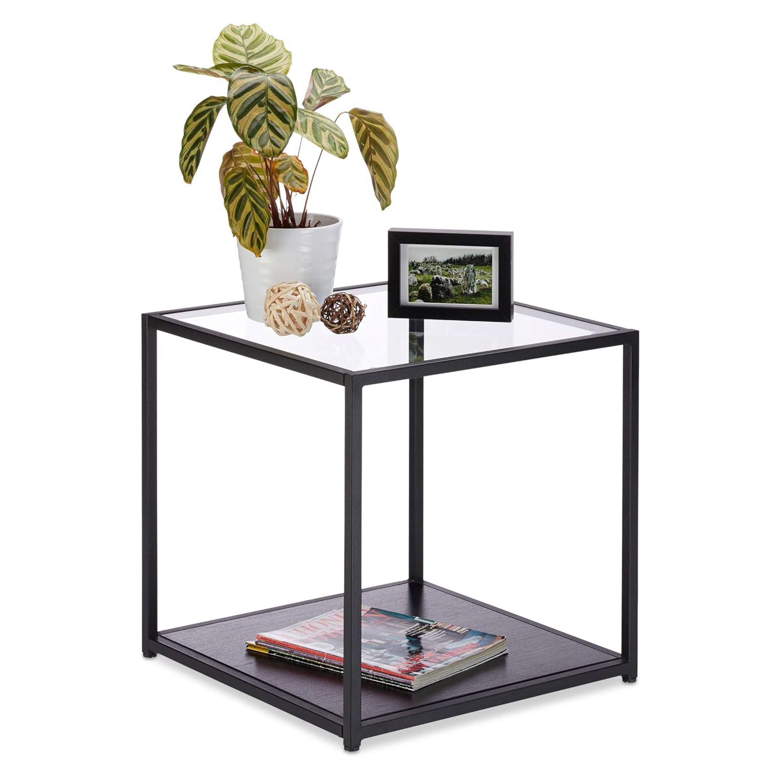 Boční konferenční stolek 50x50x50 cm, černý, kovový rám, skleněná deska