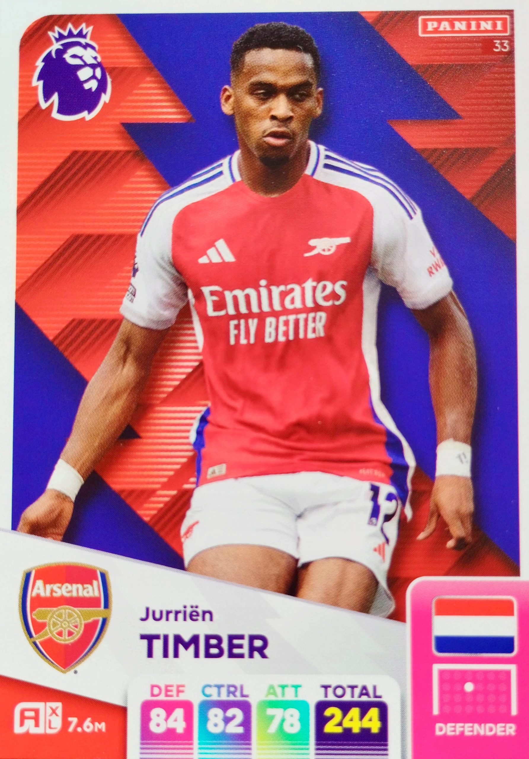Panini Premier League 2025 karta Base 33 Jurrien Timber Arsenal
