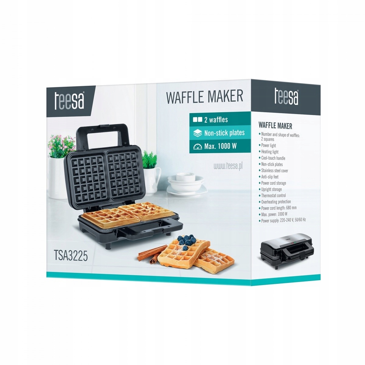 TEESA Gofrownica 2 duże gofry 1000W teflon Kolor dominujący czarny