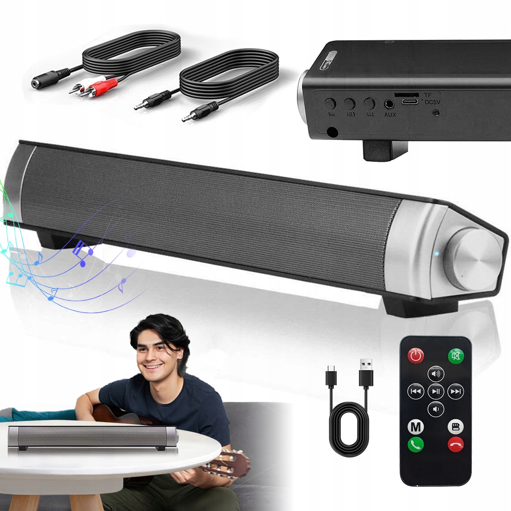 Mini Soundbar Głośniki Komputerowe Bluetooth 5.0 Pilot Usb Aux 2X5W