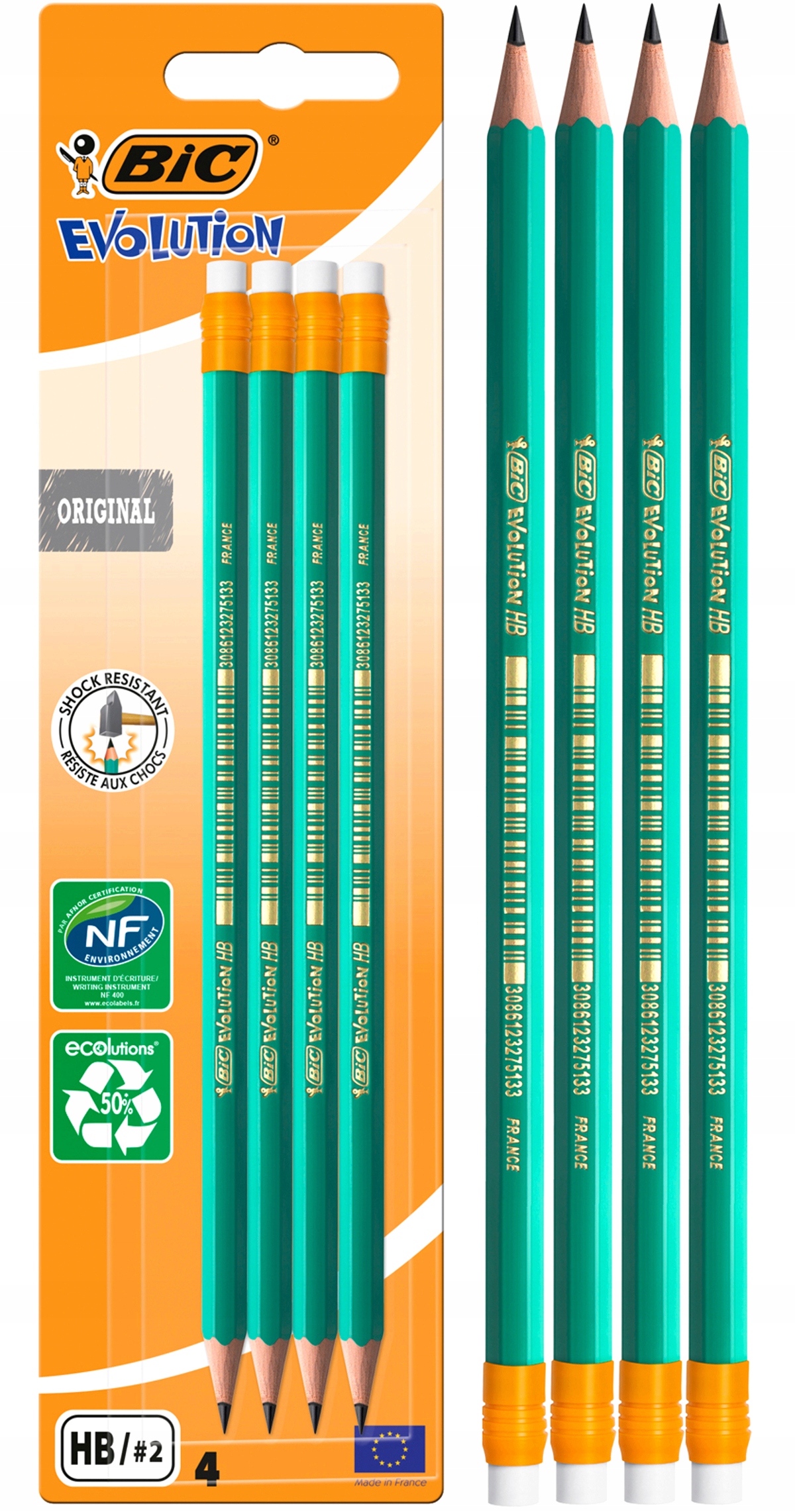 ШЕСТИГРАННЫЙ КАРАНДАШ С ЛАСТИКОМ HB BIC 4PCS-9012