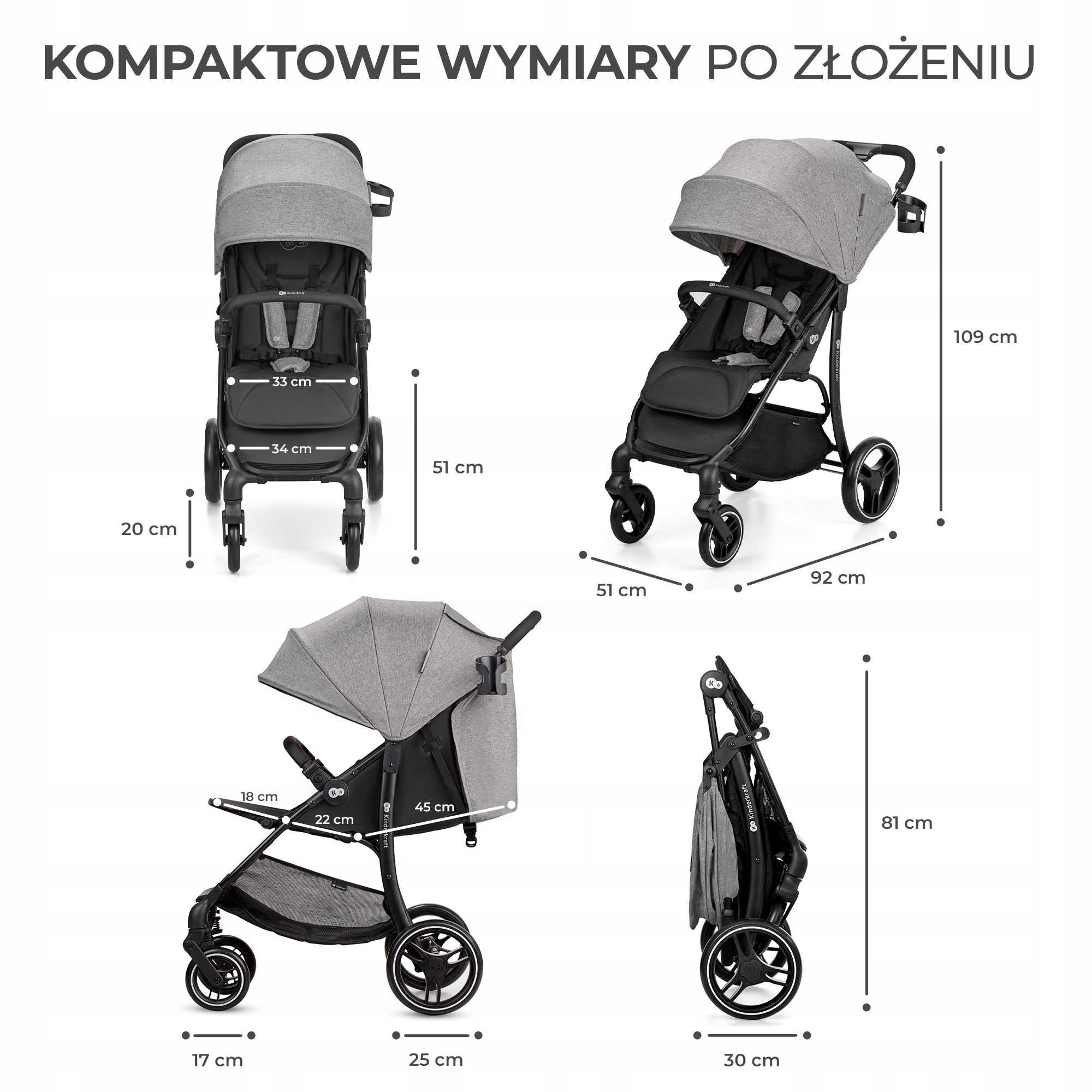 Wózek spacerowy do 22 kg lekki Kinderkraft TRIG 2 Informacje dodatkowe Amortyzatory Blokada kół obrotowych Odchylane oparcie Pałąk bezpieczeństwa Pozycja leżąca Regulowany podnóżek