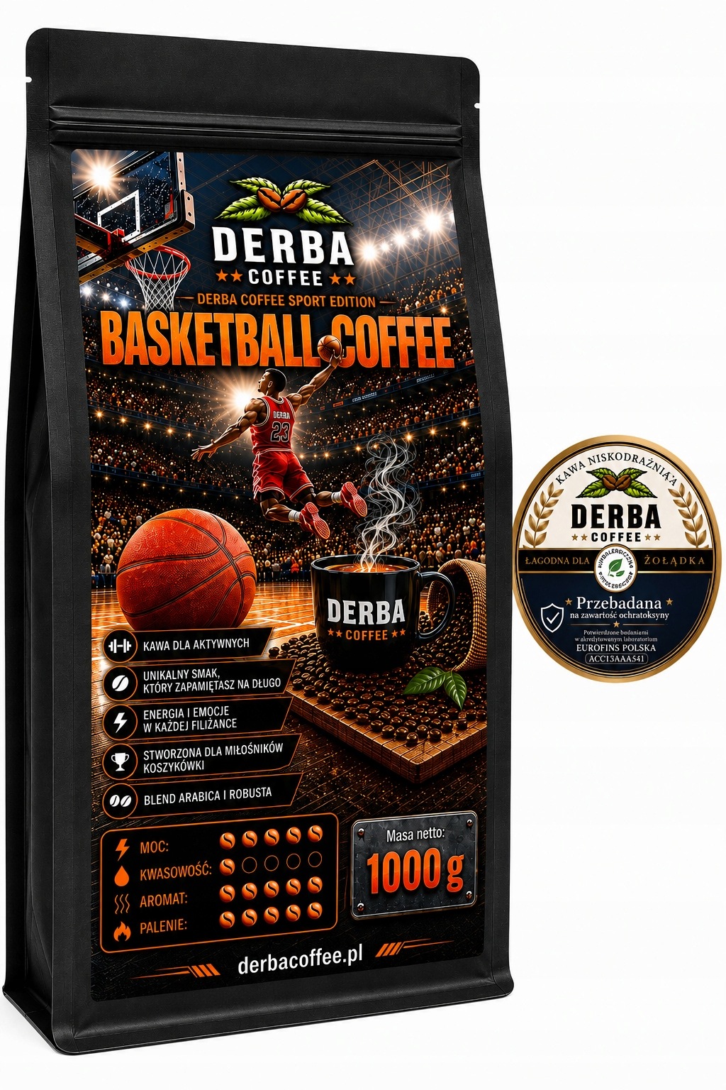Kawa ziarnista 1kg Basketball Coffee Derba Sport Blend Niskodrażniąca Mocna
