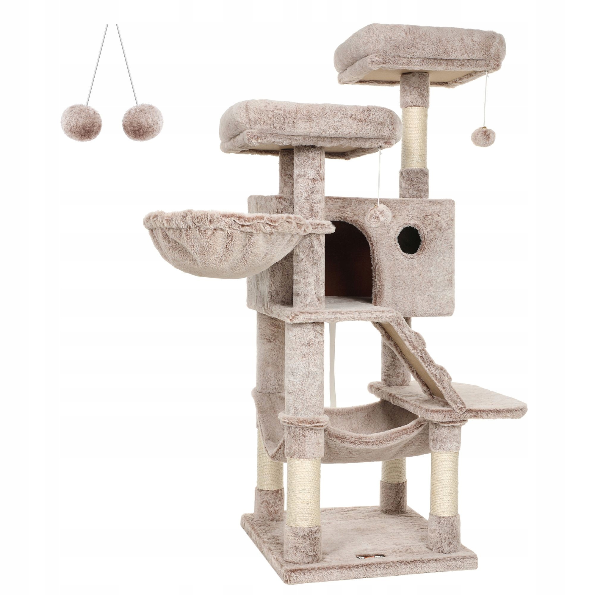 Levně Stabilní škrabadlo s domečkem pro kočky, měkké pelíšek, věž, houpací síť, koš, 135 cm