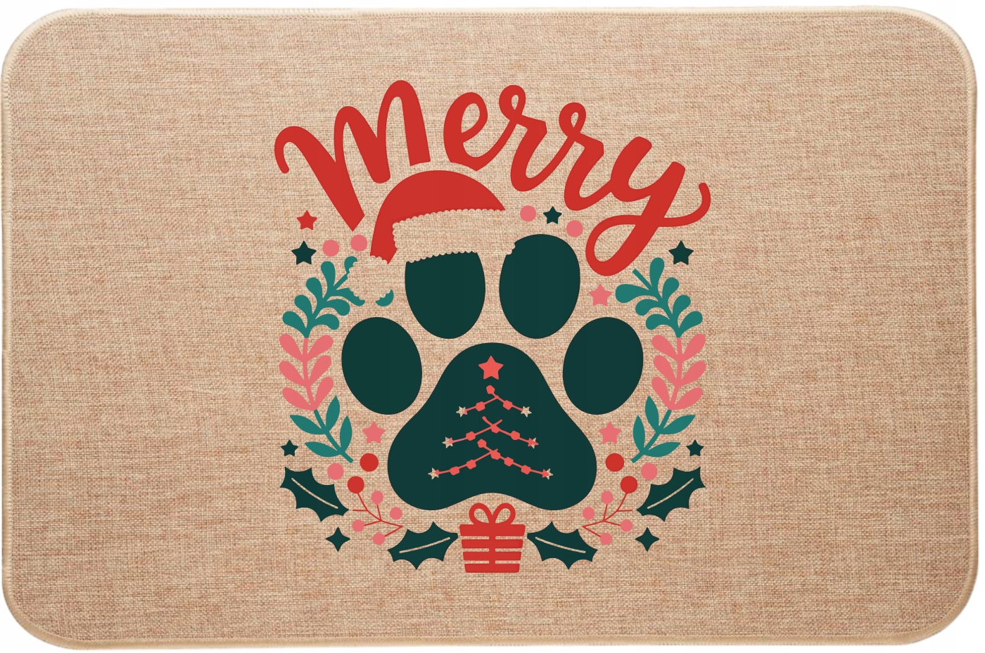 Vánoční lněná rohožka Merry Christmas s psí tlapkou, vz. 3