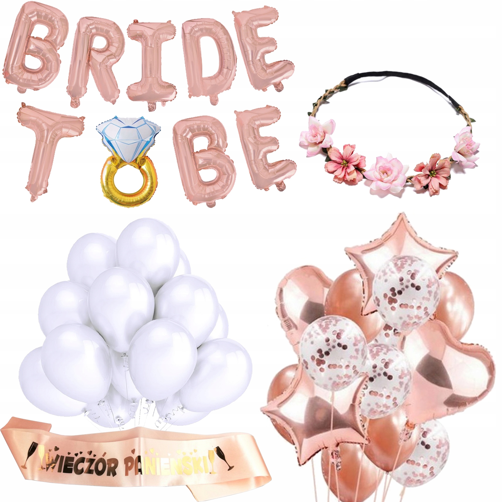 

Zestaw Balony Rose Gold Panieński Wianek Szarfa Y2