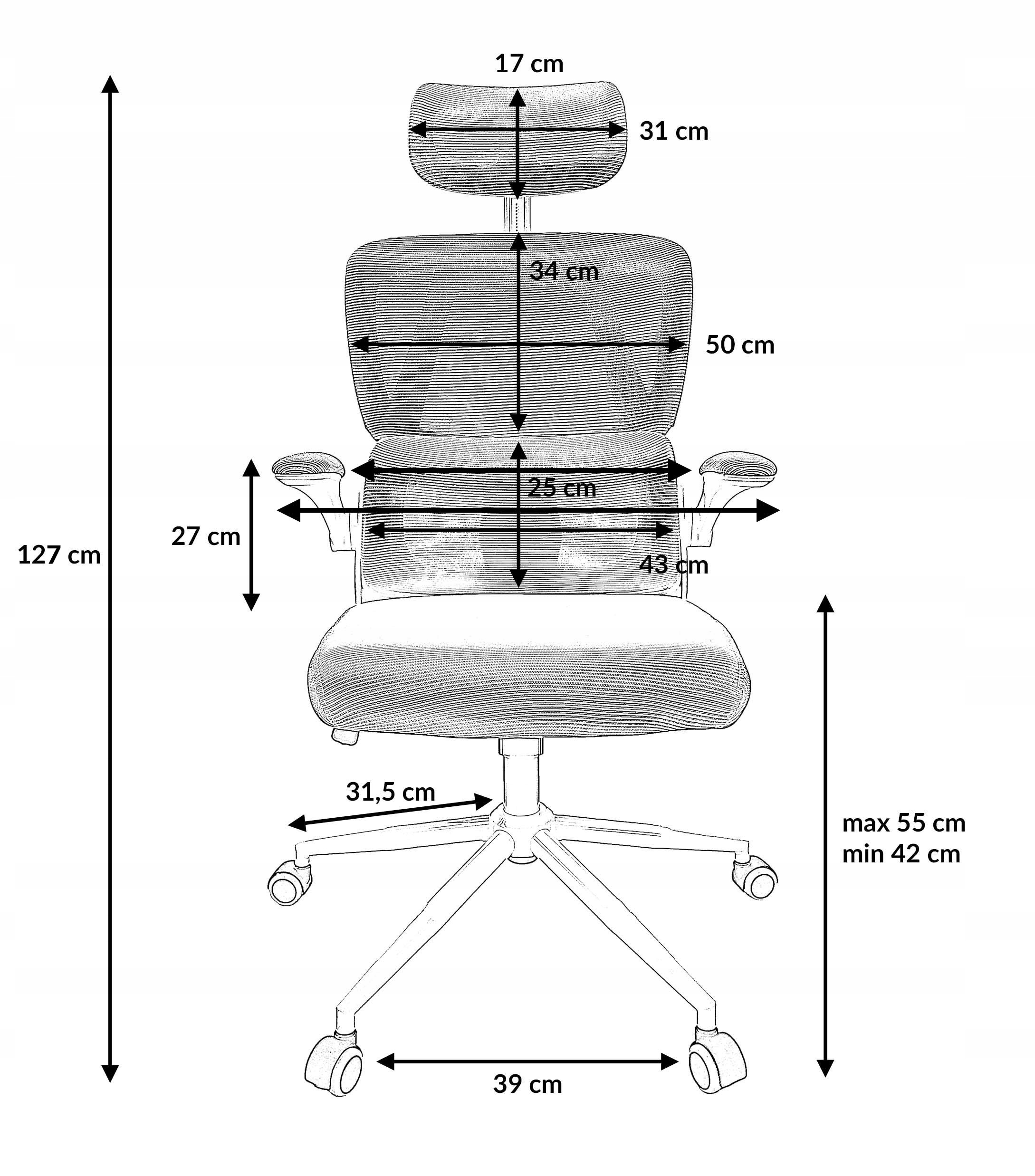 FOTEL BIUROWY ERGONOMICZNY OBROTOWY KRZESŁO REGULOWANE WYGODNE ŁADNY SZARY Głębokość mebla 71 cm