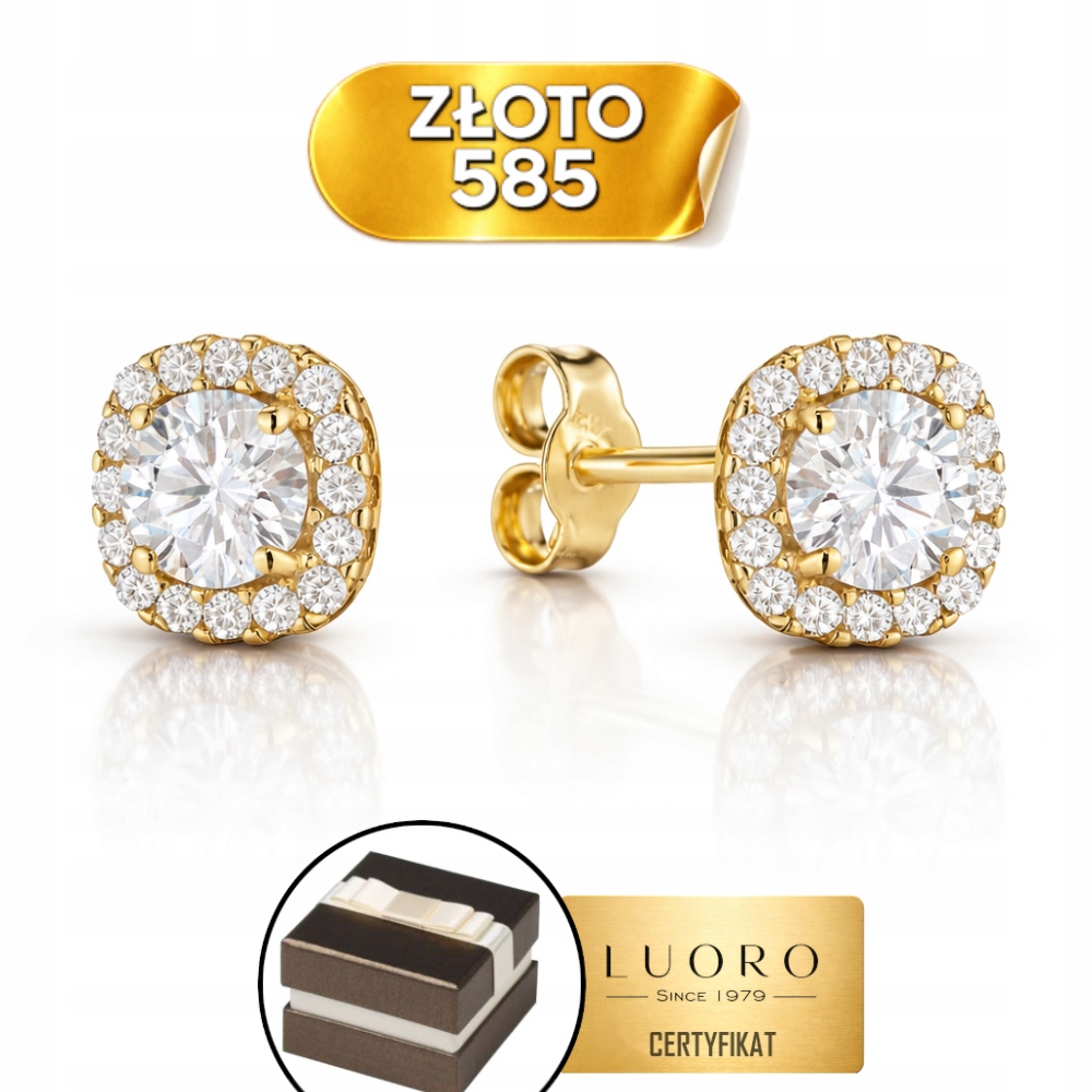 Náušnice Zlaté 585 14K Kulatý Kámen A Zirkon 6,7 MM Krabička Dárek