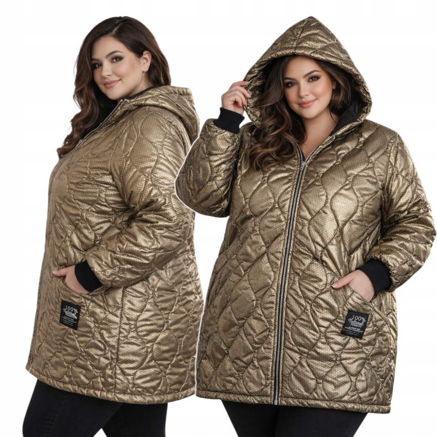 Dámská prošívaná bunda Zlatá Kapuce Lehký přechodový zip 56 58 8XL 9XL