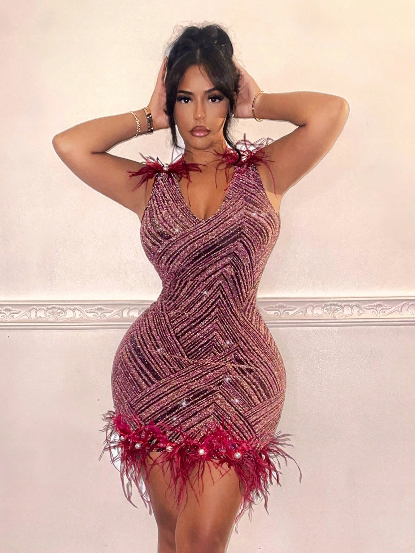 Šaty Párty Metalická Tužka Zdobená Peříčky Mini Shein S 36