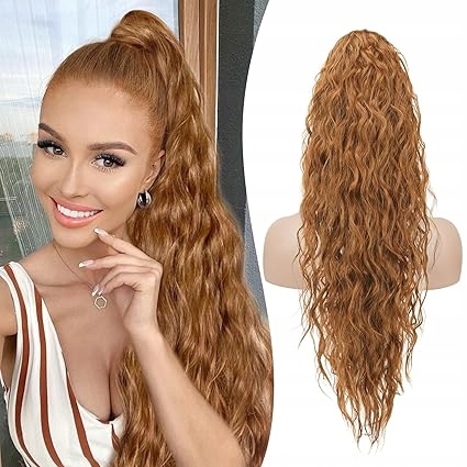 Prodloužení poníka Zvlněné příčesek do vlasů k poníkovi 65 cm Blond Tmavý