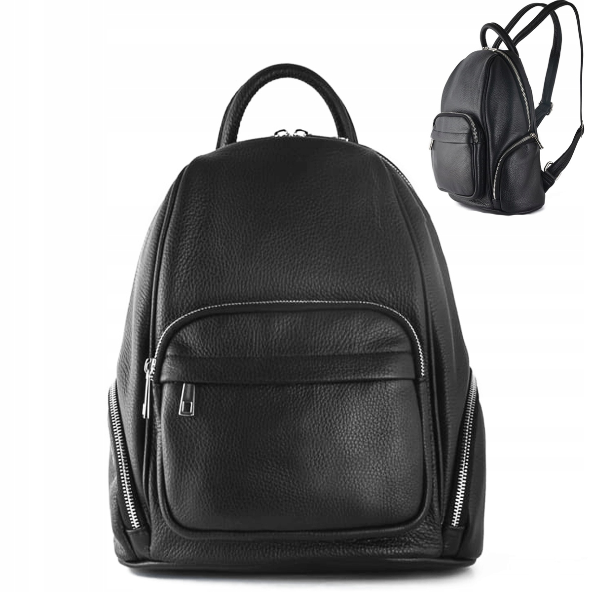 Czarny włoski plecak damski z kieszonkami skóra naturalna