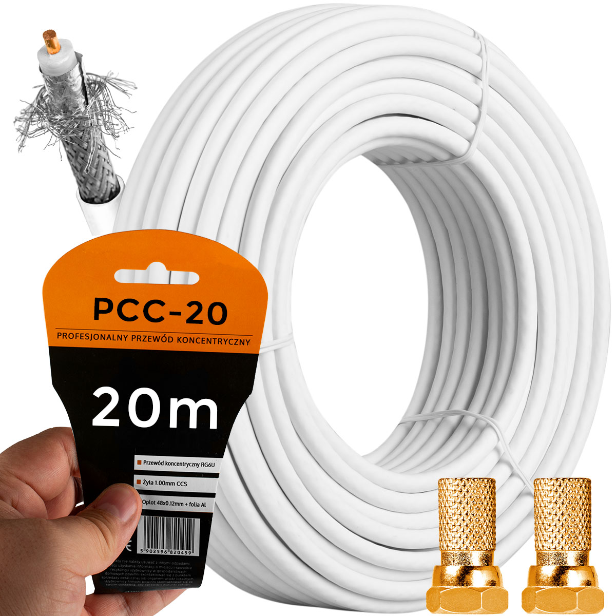 KABEL ANTENOWY PRZEWÓD KONCENTRYCZNY TV LTE ODPORNY UV 4K HD 20M + WTYKI F