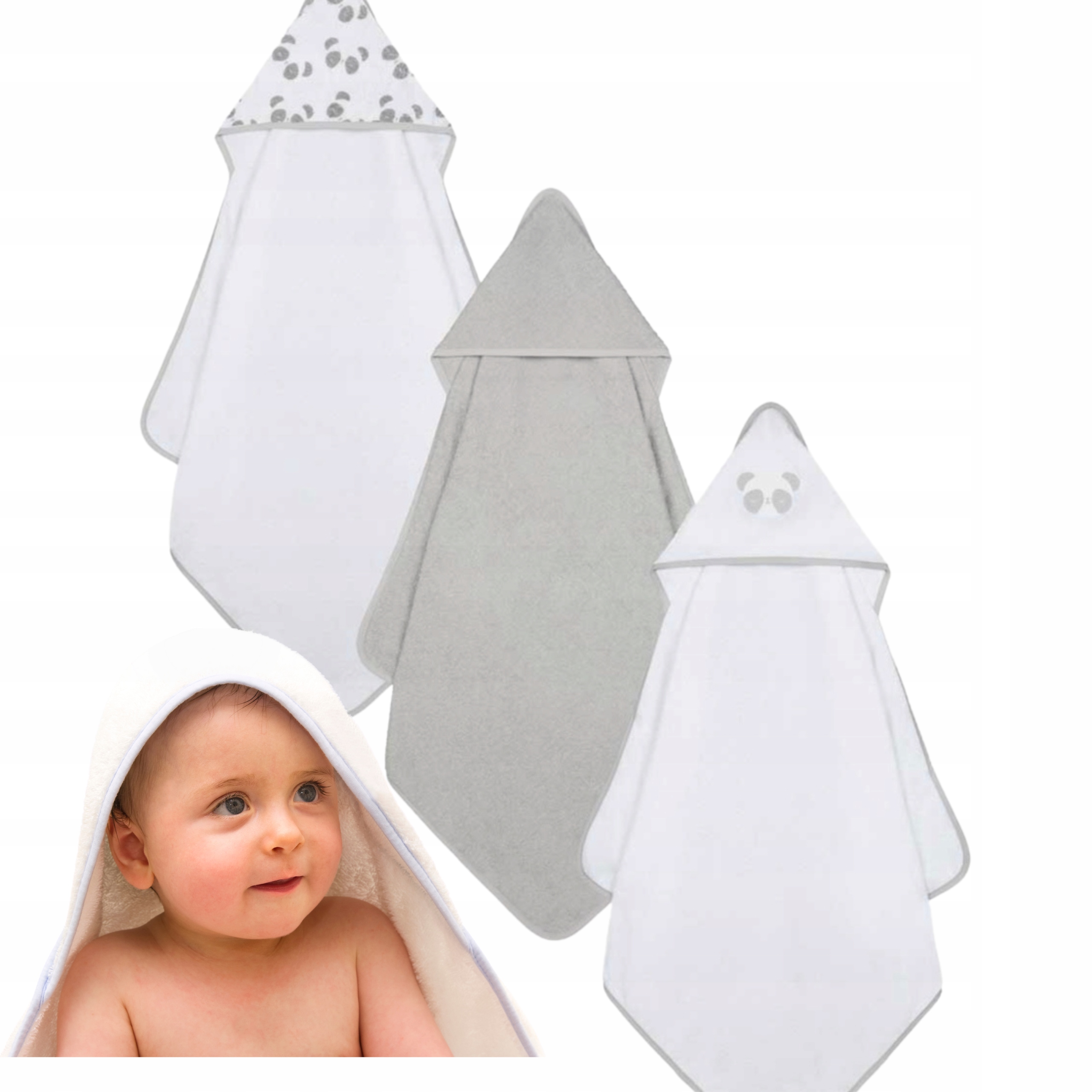 RĘCZNIKI DZIECIĘCE KĄPIELOWE 3 szt. Z KAPTUREM MOTHERCARE 75x75 cm BIAŁY