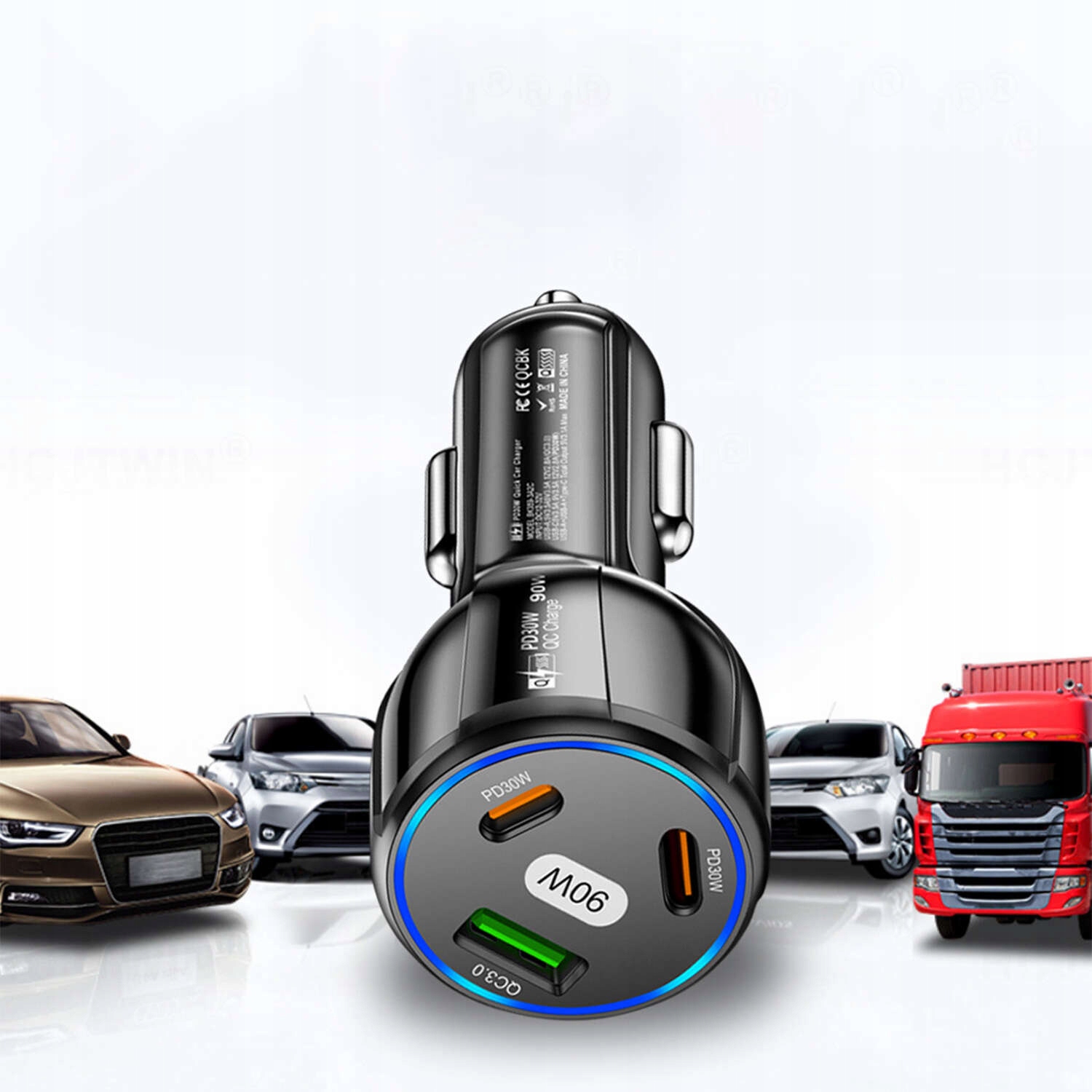 ŁADOWARKA SAMOCHODOWA 2x USB C PD 30W USB QC 3.0 LED SZYBKA DO TELEFONU 90W Kolor czarny