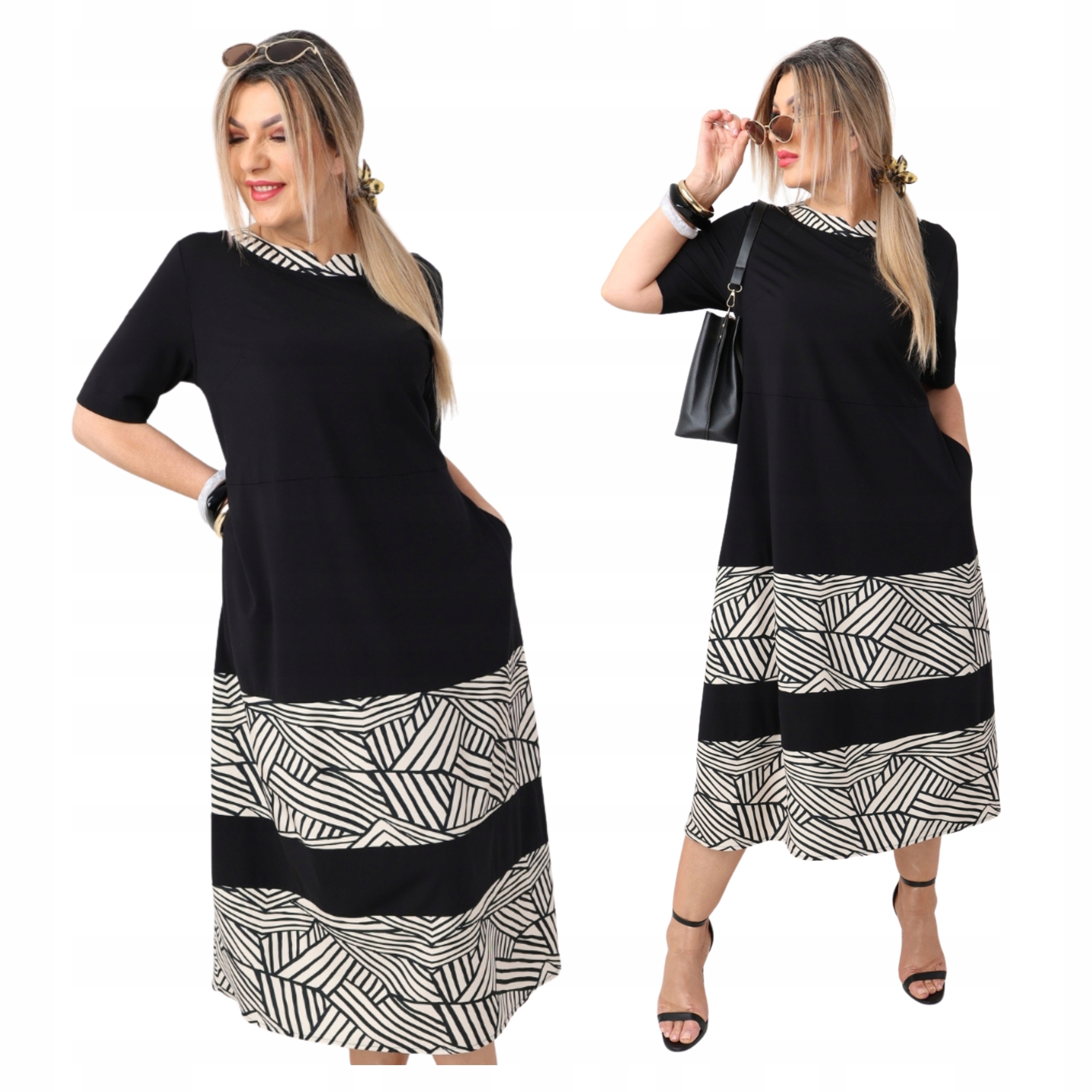 Sukienka rozkloszowana z kieszeniami Polski Producent duże rozmiary zwiewna