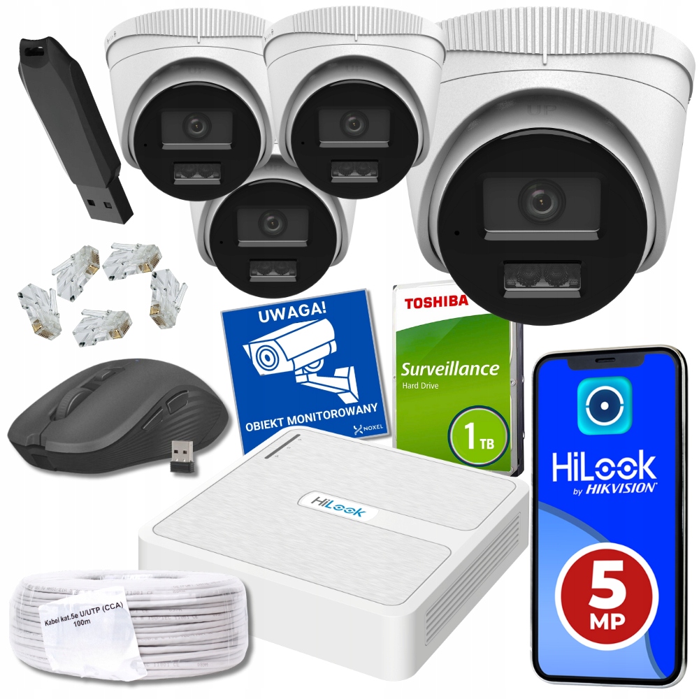 Monitoring na 4 kamery monitoringu 4MPx ZEWNĘTRZNE PoE detekcja AI HiLook