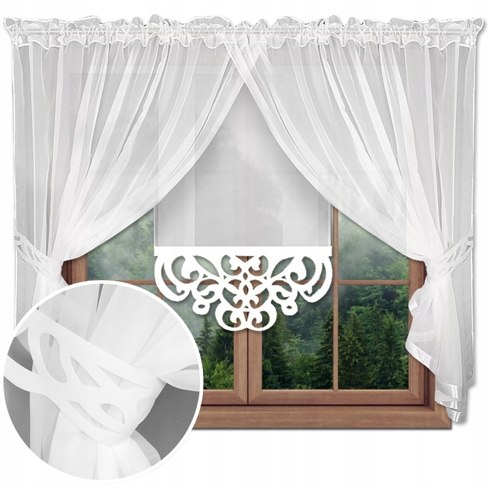 

Piękna Firana Ażur Biała Upięcia Woal Tasiemka A4