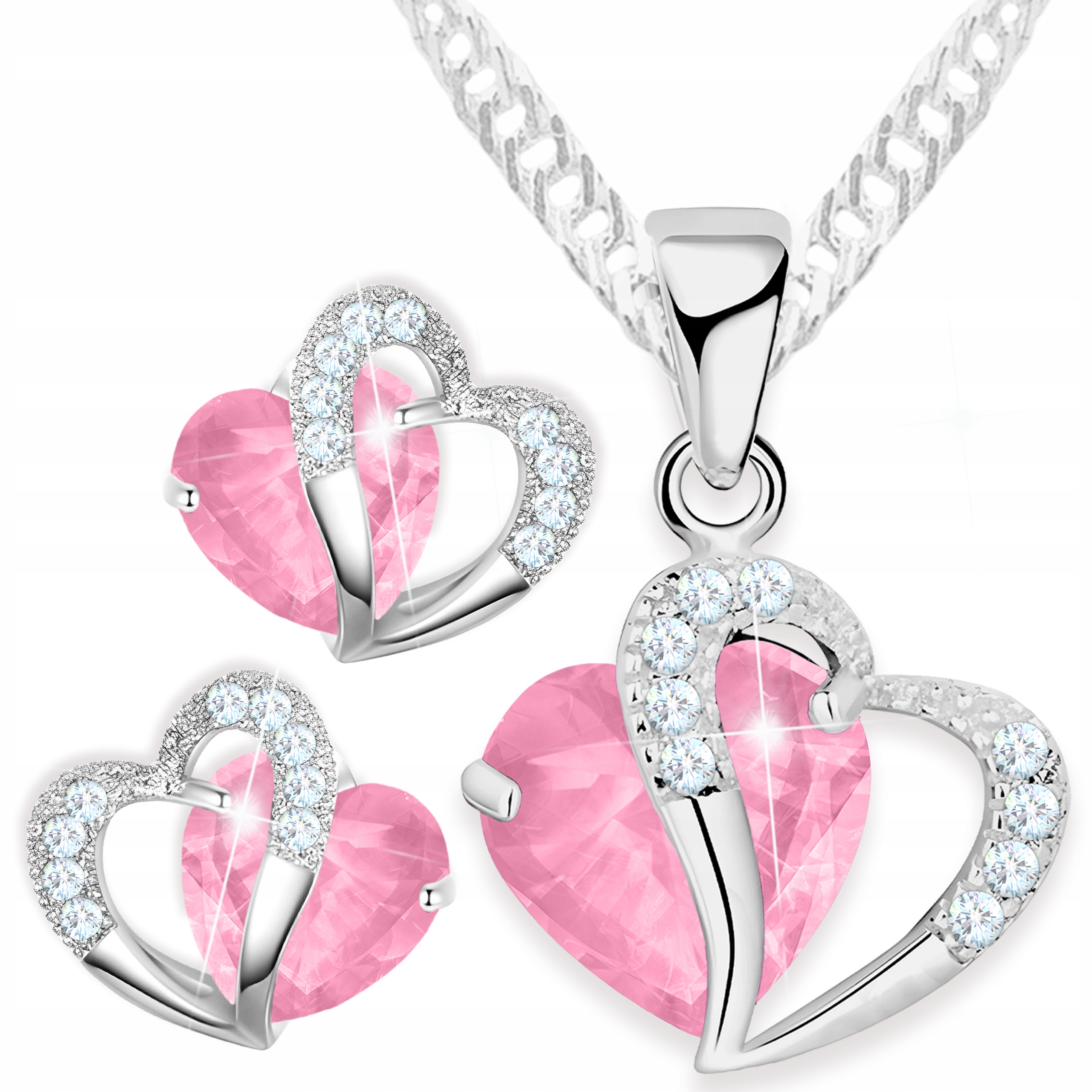 Sada stříbrných šperků Náušnice a růžový náhrdelník se srdíčkem Srdíčka
