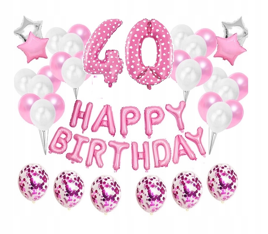 Zestaw balonów Różowe na 40 urodziny Happy Birthday Napis Balony 40stka