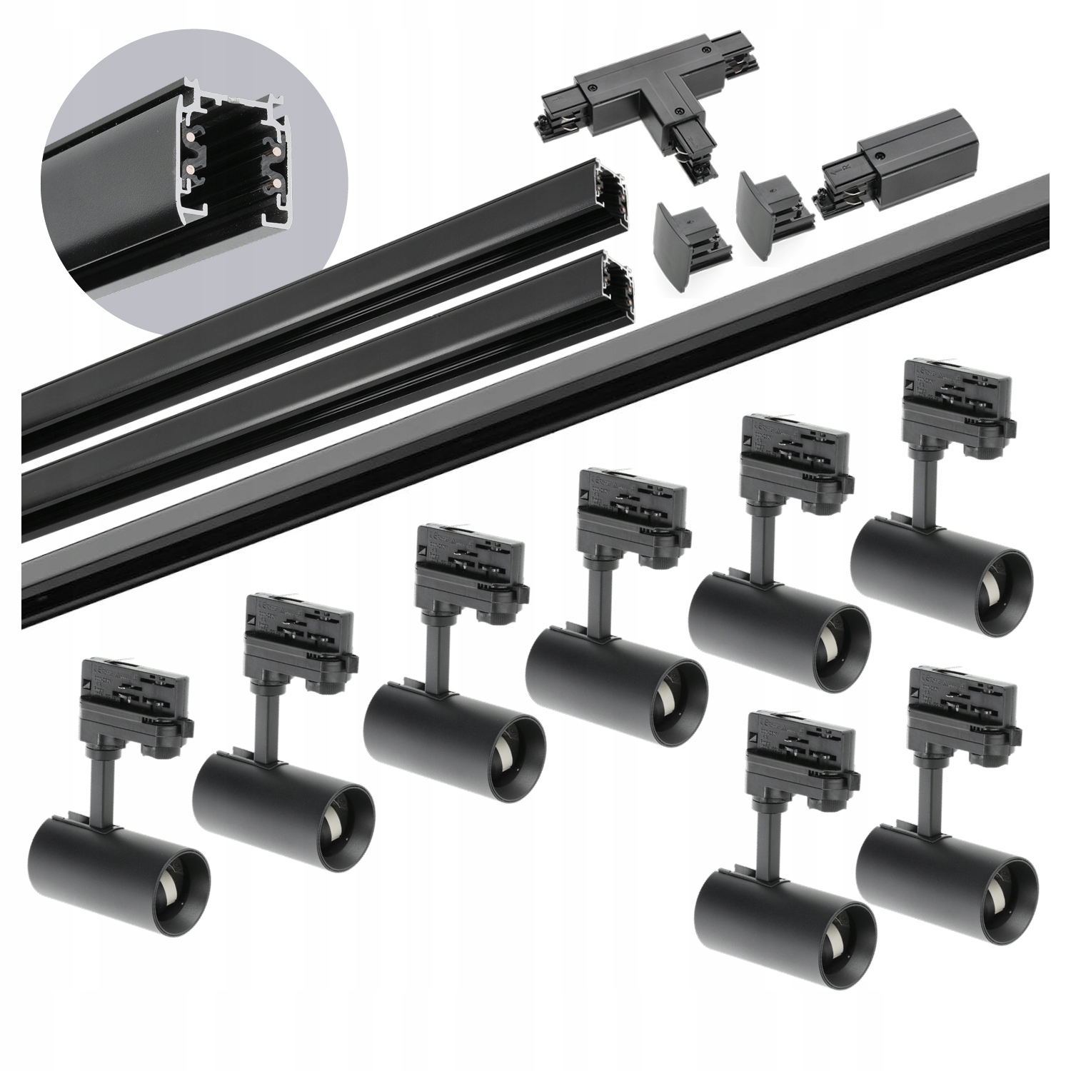 3-fázový koľajnicový set 1m+1m+2m, 8x lampa, spojka T Čierny komplet