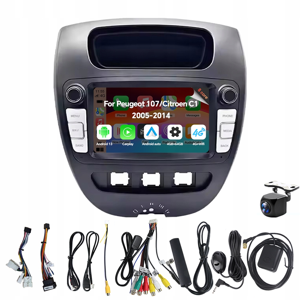 Eunavi Android 13 Autorádio pro Peugeot 107 a Citroen C1 2005-2014, 4G, 64GB