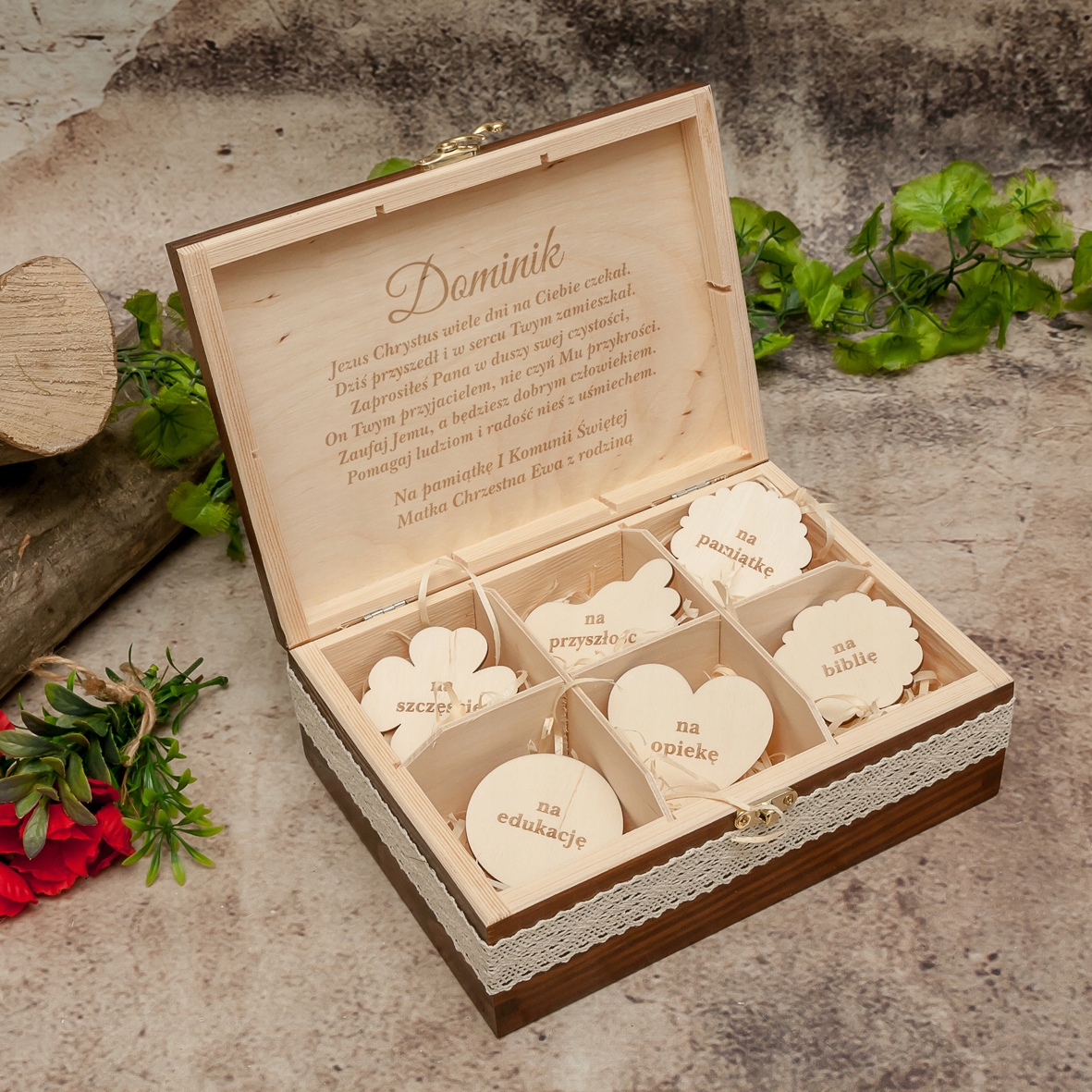 pudełko na pieniądze z przegrodami PREZENT KOMUNIA ŚW grawer imię deseczki Marka inny