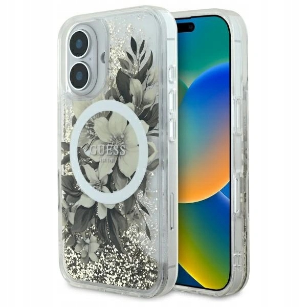 Guess Pouzdro Apple iPhone 16 Liquid Glitter Flower MagSafe béžové