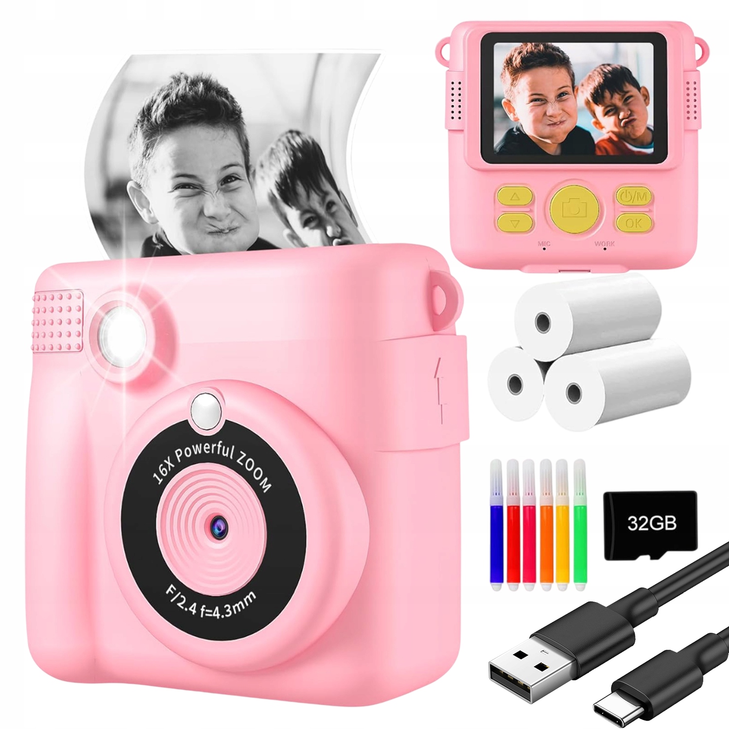 Instantní Digitální Fotoaparát Pro Děti S Tiskárnou 32GB Karta 3 Role