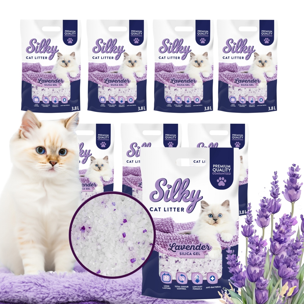 Silikonové stelivo pro kočky bezprašné Silky Lavender 3,8 l, sada 8 ks