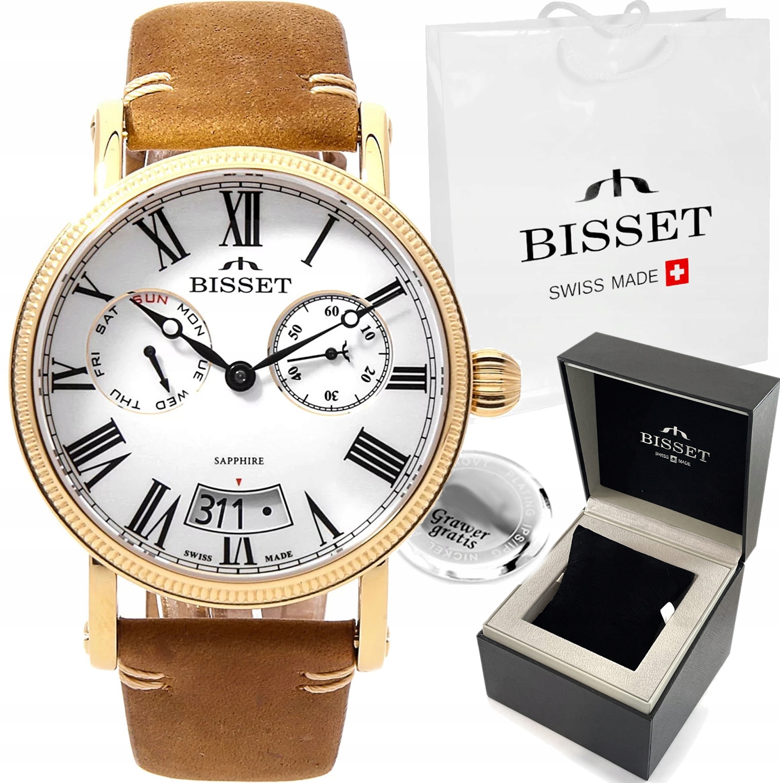 Švýcarské pánské pánské hodinky Bisset , safírové sklo S Datem Gravírování