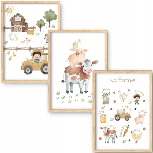 ZESTAW 3 PLAKATY OBRAZKI 30x40 FARMA ZWIERZĄTKA ZWIERZĘTA NA WSI MONTESSORI
