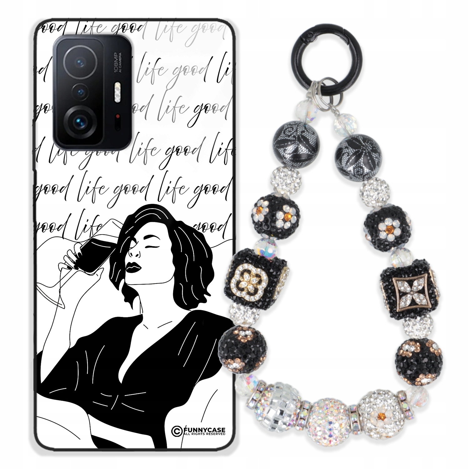 Puzdro Pre Xiaomi 11T Pro Glass Ženské Black&white Kľúčenka Strieborné Zirkóny Wz