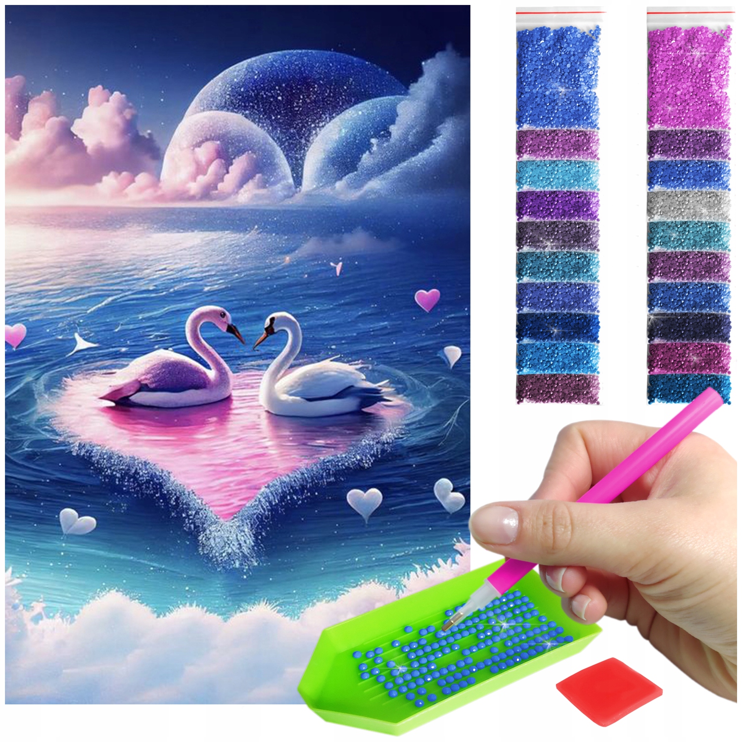 Labutě Výšivka Diamantová diamond painting mozaika 5D zvířata 60x40cm