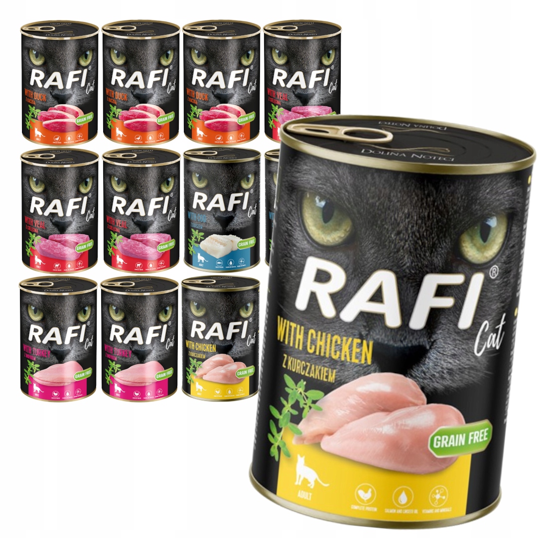 Levně Rafi Cat Adult 12x400g Bezobilné Mokré Krmivo Pro Kočky Mix 5 příchutí