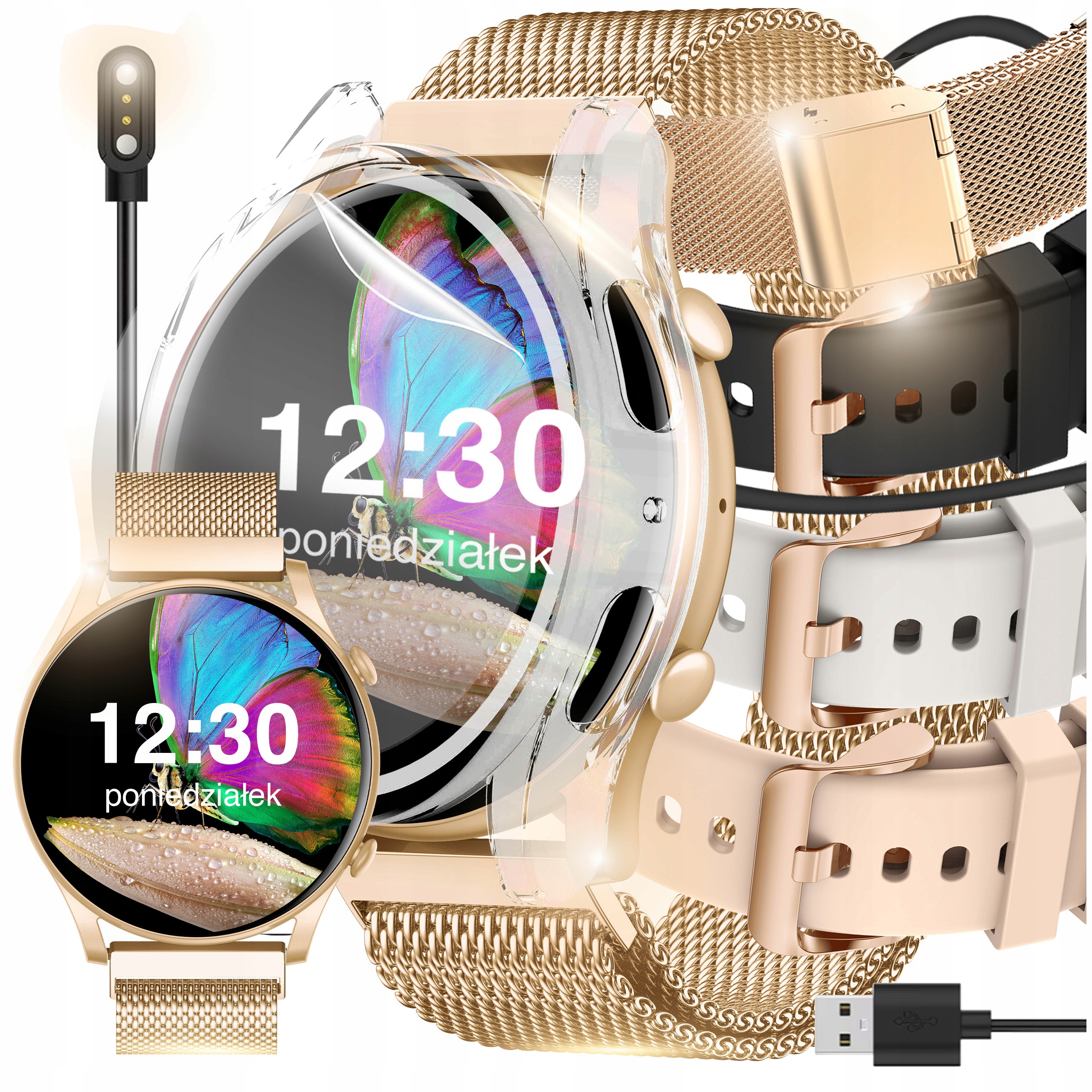 SMARTWATCH ZEGAREK DAMSKI POLSKIE MENU ROZMOWY SPORT SMART WATCH 4 PASKI