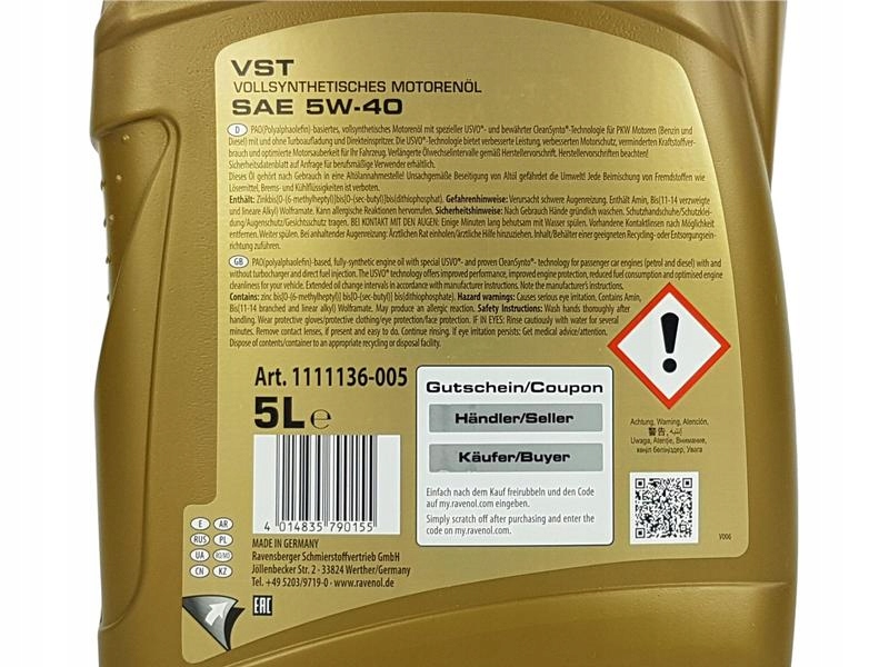 RAVENOL VST 5W40 CLEANSYNTO A3/B4 SN/CF 5L Model VST CleanSynto