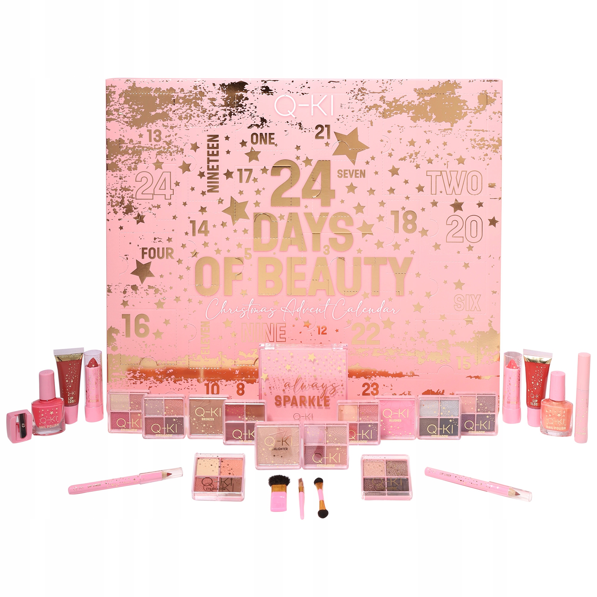 Адвент-календарь Q-ki 24 Days Of Beauty, косметика для макияжа: палетки теней, румяна, тушь, кисти