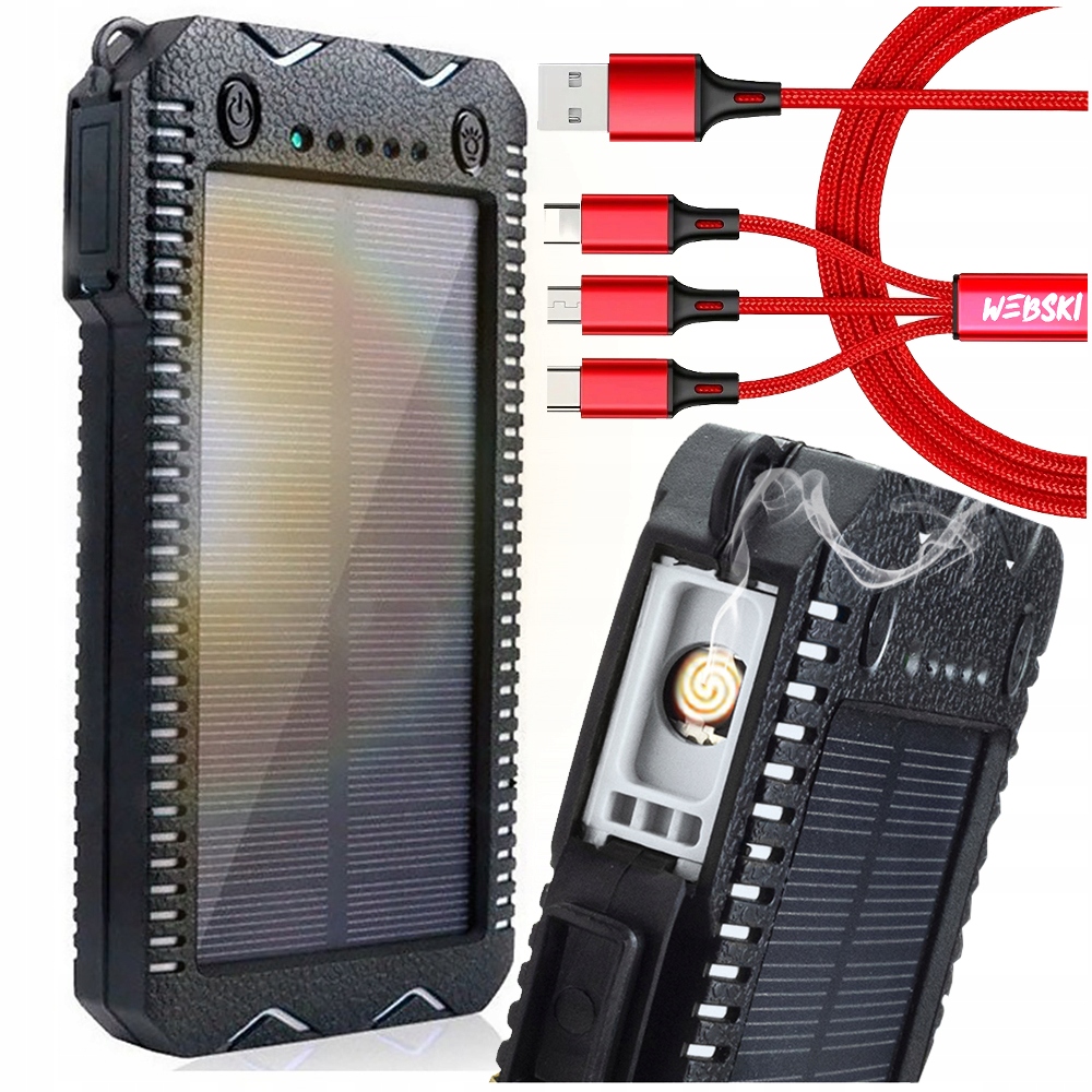 Solární powerbanka Silný pancéřový 20000mAh Svítilna Zapalovač Kabel 3v1