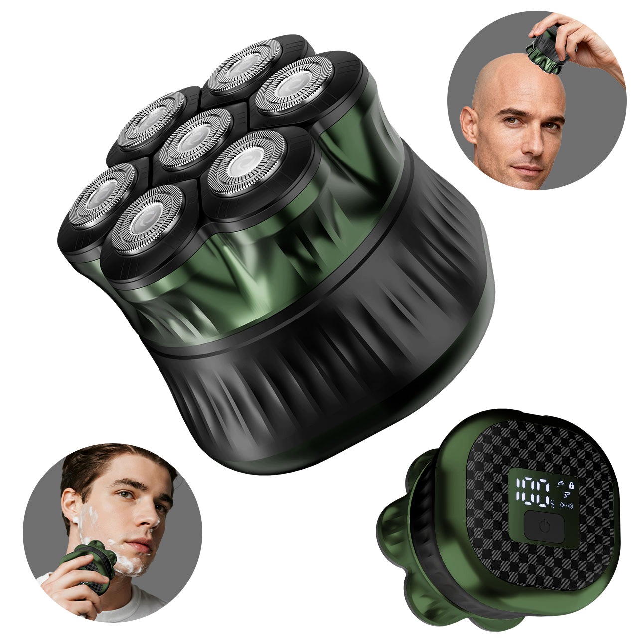 Hatteker WK-5812 Rotační holicí strojek 2 v 1 pro holení dohola, zelená barva