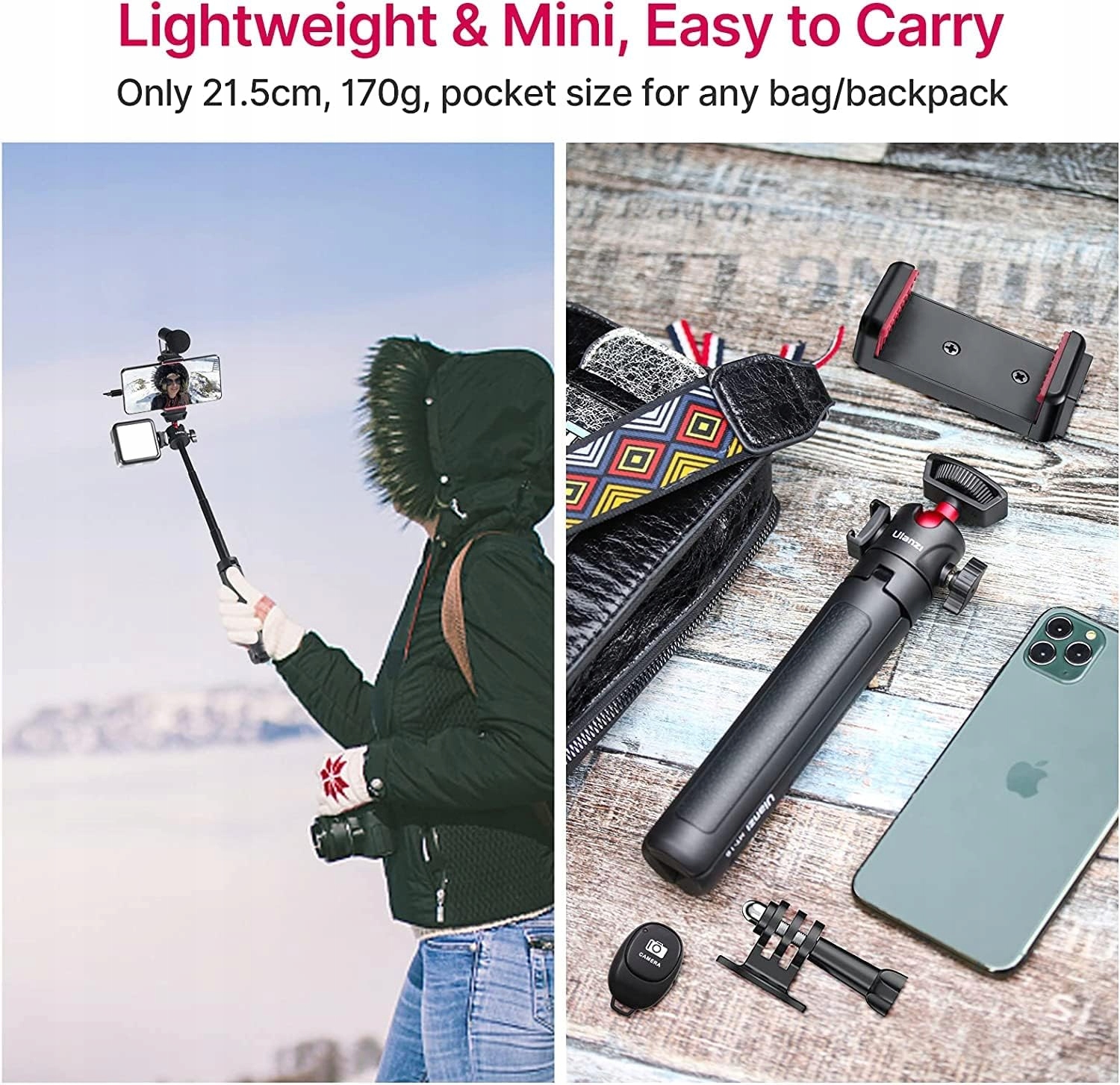 ULANZI MT-16 Selfie Stick Statyw Z Pilotem Do Telefonu i Kamery — miniatura 6