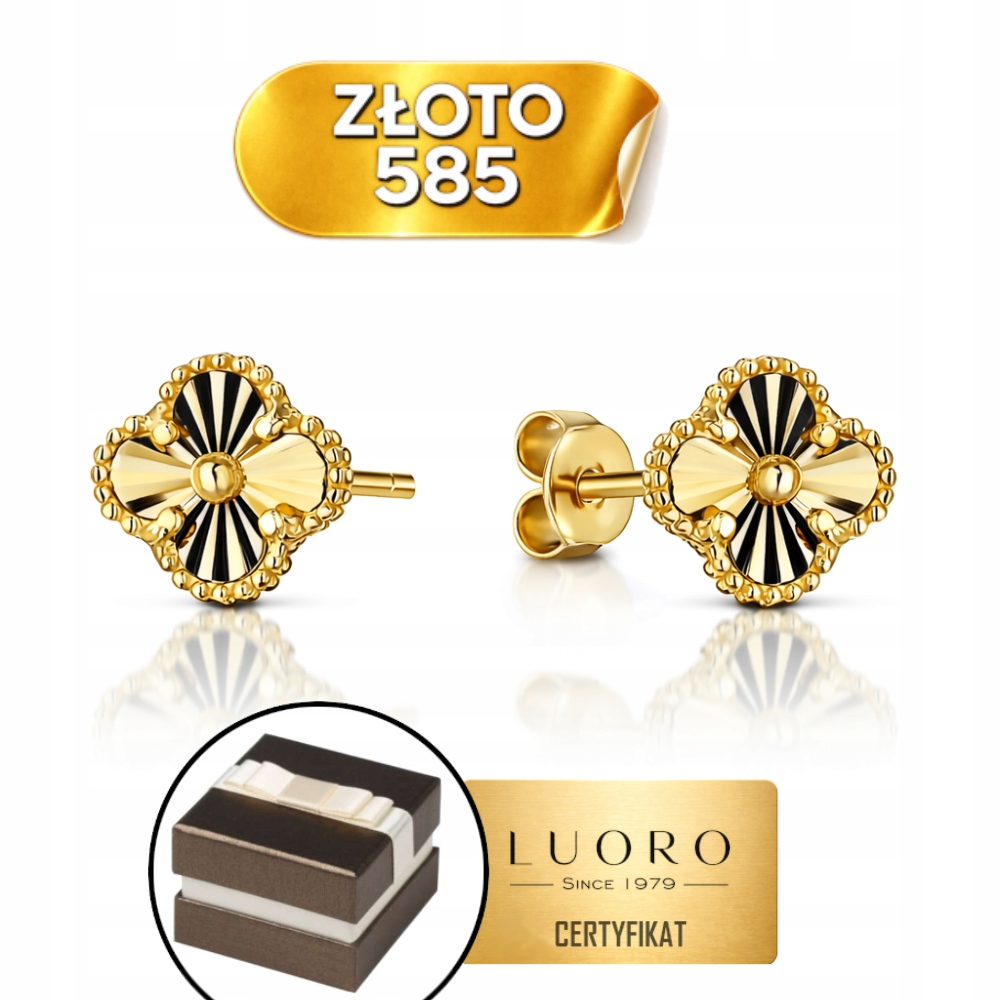 Náušnice Zlaté 585 14K Jetelky Diamantové 1 CM 10 MM Krabička Dárek